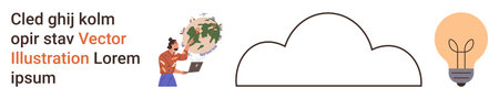 Technology development, cloud storage, global networking, creative thinking, data sharing, digital systems. Woman with laptop, cloud symbol and lightbulb illustration. Technology and cloud computingのイラスト素材