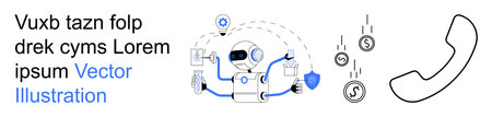 Automation, technology, financial management, customer support, AI systems, digital services. Robot with moving arms, dollar signs phone icon. Automation and technology illustratedのイラスト素材