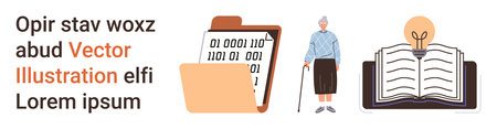 Education, technology, aging population, knowledge sharing, digital data storage, innovative thinking. Elderly lady with cane, binary file folder and book with bulb. Knowledge sharing and technologyのイラスト素材