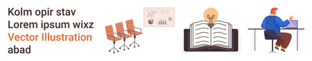 Business training, education, teamwork, brainstorming, innovation, productivity. Three chairs...