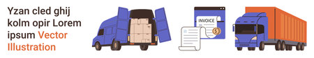 Logistics, e-commerce, freight management, delivery services, supply chain, trucking. Open delivery truck, invoice with payment details and container truck. Logistics and e-commerceのイラスト素材