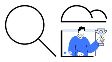 Magnifying glass and cloud elements alongside an online profile holding a trophy. Ideal for digital...