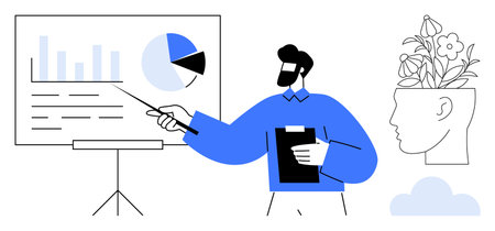 Man presenting data graphics on board with pointer and clipboard, side profile of head with blooming...