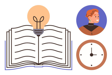 Education, creativity, time management, innovation, personal growth, learning skills. Open book with a light bulb, a clock and a woman. Education and creativity symbolのイラスト素材