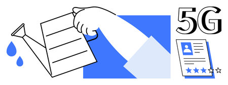 Hand pouring from watering can, droplets, 5G text, and rated document highlight growth,...