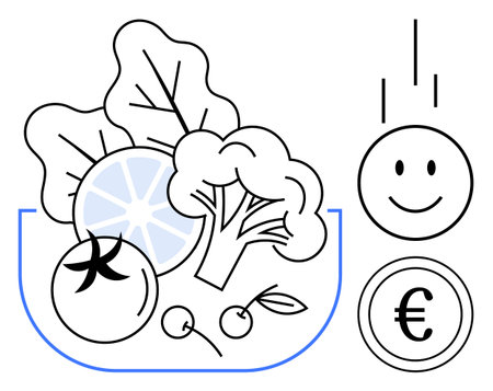 Healthy eating concept. Healthy eating with fresh vegetables thumbs up broccoli and tomato, connected to budget savings using euro coin and happy face symbols. For nutrition, finance, foodのイラスト素材