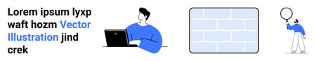 Man with laptop working, abstract brick wall, individual with magnifying glass engaging analysis....