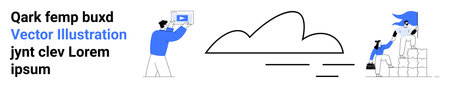People interacting with cloud and digital tools including a tablet, showcasing connection and teamwork. Ideal for cloud storage, collaboration, teamwork, data sharing, innovation, creativityのイラスト素材