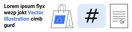 metadata tag inside speech bubble, shopping bag with graphic, signed document. Ideal for branding, digital marketing, social media, business, e-commerce, online communication simple landing pageのイラスト素材