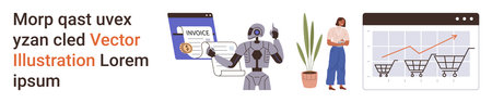 E-commerce, artificial intelligence, financial services, business analytics, technology trends, shopping. A robot holding digital invoices, a graph and a person. E-commerce and AI insights conceptのイラスト素材