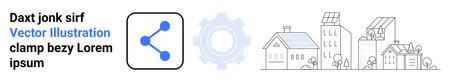 Renewable energy, smart cities, technology, eco-friendly living, connectivity, infrastructure. Icon with network symbol, gear icon and houses with solar panels. Smart cities and renewable energyのイラスト素材