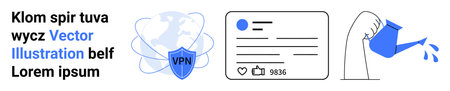 Cybersecurity, online protection, social media, data privacy, audience engagement, growth strategies. Shield with VPN, social media post with thumbs ups watering can. Cybersecurity and social mediaのイラスト素材