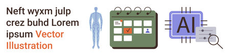 Medical research, AI applications, health monitoring, future technology, human anatomy, appointment scheduling. Human skeleton, calendar with checkmark AI icon with circuit. Medical research and AIのイラスト素材
