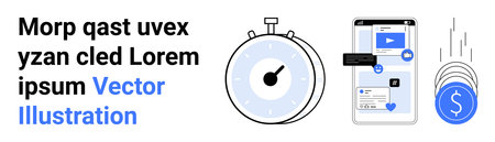 Time management, online payments, digital economy, productivity apps, financial technology, mobile transactions. A stopwatch, smartphone with app interface and coins. Time management and onlineのイラスト素材