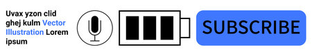 Content creation, podcasts, audio marketing, subscriptions, streaming platforms, user engagement. Microphone, battery icon and subscription button. Content creation and podcasts conceptsのイラスト素材
