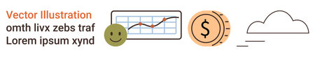 Business analysis, financial trends, data storage, technology, monetization, cloud computing. happy face, line chart with graph dollar coin cloud. Financial trends and data storage conceptsのイラスト素材