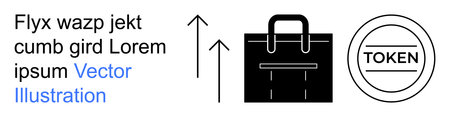 Business strategy, economic growth, security systems, digital transactions, branding support, market scalability. Black briefcase and circular token with upward arrows. Business growth and economicのイラスト素材