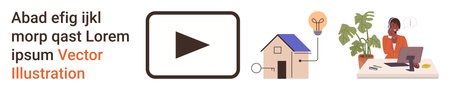 Remote work, online education, energy efficiency, home office, digital media, creative solutions. Play button, house with light bulb person working at desk. Remote work and online education conceptsのイラスト素材
