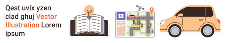 Education, innovation, navigation, travel, learning, and city mapping. Open book with a light bulb,...