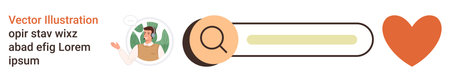 Online search, personalization, user interface, digital tools, preferences, communication. A search bar, magnifying glass user avatar and heart icon in a clean layout. Online searchのイラスト素材