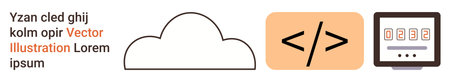 Cloud storage, web development, programming, digital transformation, technology, IT. Cloud icon, code symbol and numbered screen design. Cloud storage and web developmentのイラスト素材