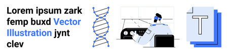 Science, technology, research, design, education, media. A DNA strand, a person analyzing data and typography tools. Science and technology in research and education workflowsのイラスト素材