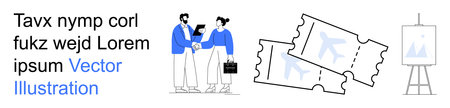 Team management, travel planning, art promotion, professional collaboration, event planning, abstract ideas. Colleagues in discussion, airplane tickets and an art canvas. Team management and travelのイラスト素材