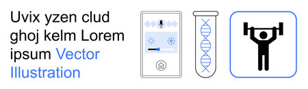 Technology, science research, fitness training, health monitoring, genetic testing, lifestyle design. Icons a smart device, DNA strand and a weightlifting figure. Technology and science researchのイラスト素材