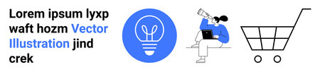 Innovation, e-commerce, creative ideas, online search, shopping, market research. Light bulb and shopping cart icons, person using laptop and telescope. Innovation and e-commerce conceptsのイラスト素材