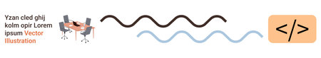 Office environment, coding, workplace design, abstract lines, creativity, collaboration. Office desk setup with computers, wavy lines coding icon. Office environment and coding conceptのイラスト素材