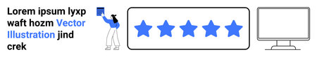 User experience, customer feedback, quality rating, online reviews, digital interface, content creation. Blue stars with a person and monitor. User experience and customer feedback conceptのイラスト素材