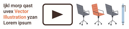 Design, digital content, business workflow, creative industries, workspace setup, productivity. Play button alongside office chairs and a pen. Design and digital content conceptのイラスト素材