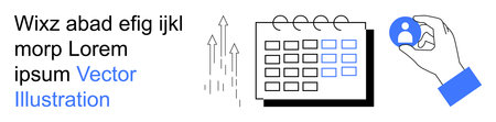Task scheduling, user management, business growth, team organization, time tracking, workflow optimization. A highlighted calendar, arrows and a hand holding a profile icon. Task scheduling and userのイラスト素材