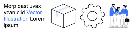 Workplace communication, corporate teamwork, creative solutions, business strategy, mechanics, and design planning. Gear, cube and professionals discussing ideas. Business collaboration and creativeのイラスト素材