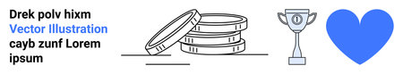 Financial success, reward achievement, love symbolism, career goals, motivation, savings concept. Stacked coins, a trophy and a blue heart design. Financial success and reward achievement conceptのイラスト素材