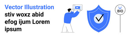 Person holding device displaying video, shield with checkmark symbolizing protection, eco-themed badge. Ideal for security, nature, technology, eco-awareness, media, online safety simple landingのイラスト素材