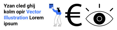 Business, finance, design, vision, presentation, communication. A woman interacting with a book, euro sign and eye symbol. Business and finance concepts with creative visual elementsのイラスト素材