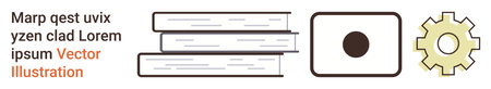 Education, technology, media, innovation, knowledge sharing, industrial concepts. Stacked books, a camera icon and a gear symbol displayed in a clean design. Education and technology conceptのイラスト素材
