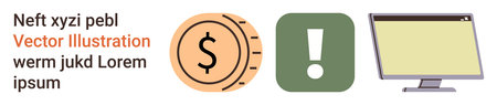 Finance, technology, caution, productivity, online services, digital transactions. a currency sign with timer, green exclamation icon and a computer monitor. Finance and technology conceptのイラスト素材