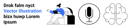 Remote work, AI technology, audio recording, mental health, brainstorming, digital connectivity. Woman using a laptop, microphone icon brain illustration. Remote work and AI technologyのイラスト素材