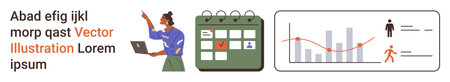 Business planning, data analysis, project management, teamwork, scheduling, productivity. A woman pointing at a laptop near a calendar and graphs. Business planning and data analysis visualizationのイラスト素材