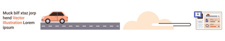 Automotive searching, online shopping, car rental, vehicle identification, data management, transportation. A car on a road, a search bar and digital document icons. Automotive searching and onlineのイラスト素材