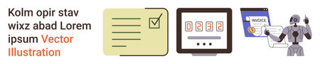 Artificial intelligence, workflow automation, digital payment, task management, billing tools, innovation. Checklist, computer monitor with invoice display, robot using a document interfaceのイラスト素材