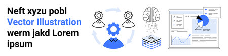 Data analysis, business automation, process optimization, artificial intelligence, machine learning, workflow management. Icons of gear, brain and charts. Data analysis and automation conceptsのイラスト素材