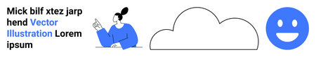 Online communication, data sharing, cloud computing, user interaction, digital expression, technology visualization. Person pointing, cloud shape happy face icon. Online communication and dataのイラスト素材