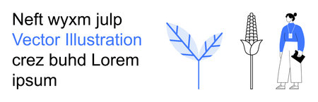 Agriculture, gardening, sustainable farming, nature, crop management, botanical study. Stylized leaves, corn structure person holding clipboard. Agriculture and gardening conceptsのイラスト素材