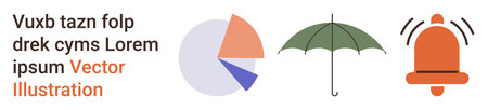Data visualization, risk management, security alerts, protection, unpredictability, business analytics. Pie chart, umbrella and alert bell icons. Data visualization and risk management conceptのイラスト素材