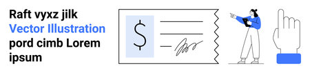 Businesswoman pointing at check with financial details stylized hand gesture for confirmation. Ideal for payment processing, banking, invoicing, e-commerce, education, fintech, simple landing pageのイラスト素材