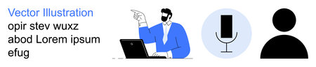 Remote work, digital interaction, voice recognition, online education, technology usage, user interface design. Person pointing beside a laptop with microphone and avatar icons. Remote work and voiceのイラスト素材