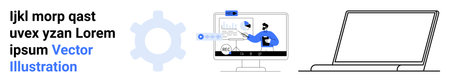 Remote work, digital collaboration, workflow improvement, data analytics, technology integration, online tools. Gear icon, computer screen with analytics laptop outline. Digital collaborationのイラスト素材
